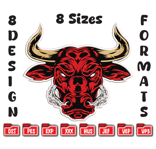 Red Bull Head Embroidery Design, Charging Bull Mascot Digital File