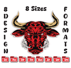 Red Bull Head Embroidery Design, Charging Bull Mascot Digital File