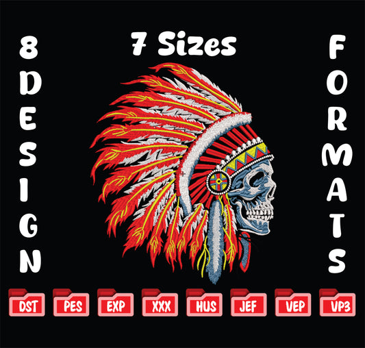Indian Warrior Skull Embroidery, Native Headdress Machine File