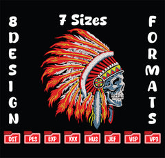 Indian Warrior Skull Embroidery, Native Headdress Machine File