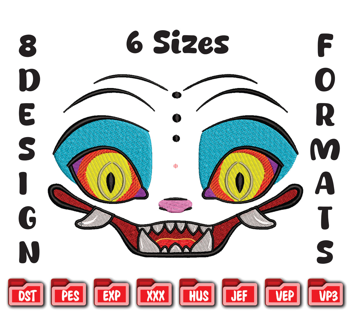 Trippy Cartoon Face Embroidery, Psychedelic Eyes Machine Design, 8 Formats 6 Sizes