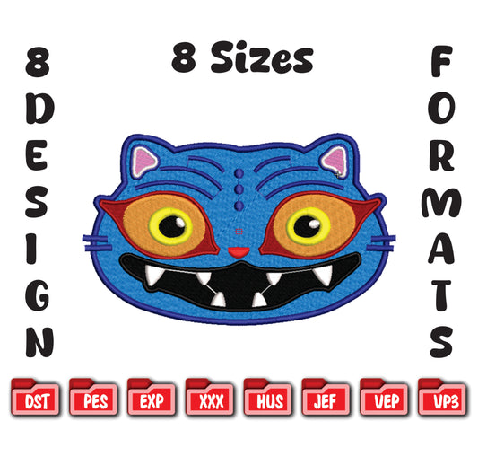 Blue Monster Cat Embroidery Design, Cartoon Beast Digital File