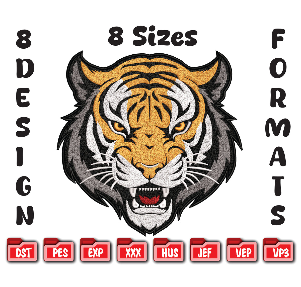 Tiger Head Embroidery Design, Wild Animal Digital File, 8 Sizes