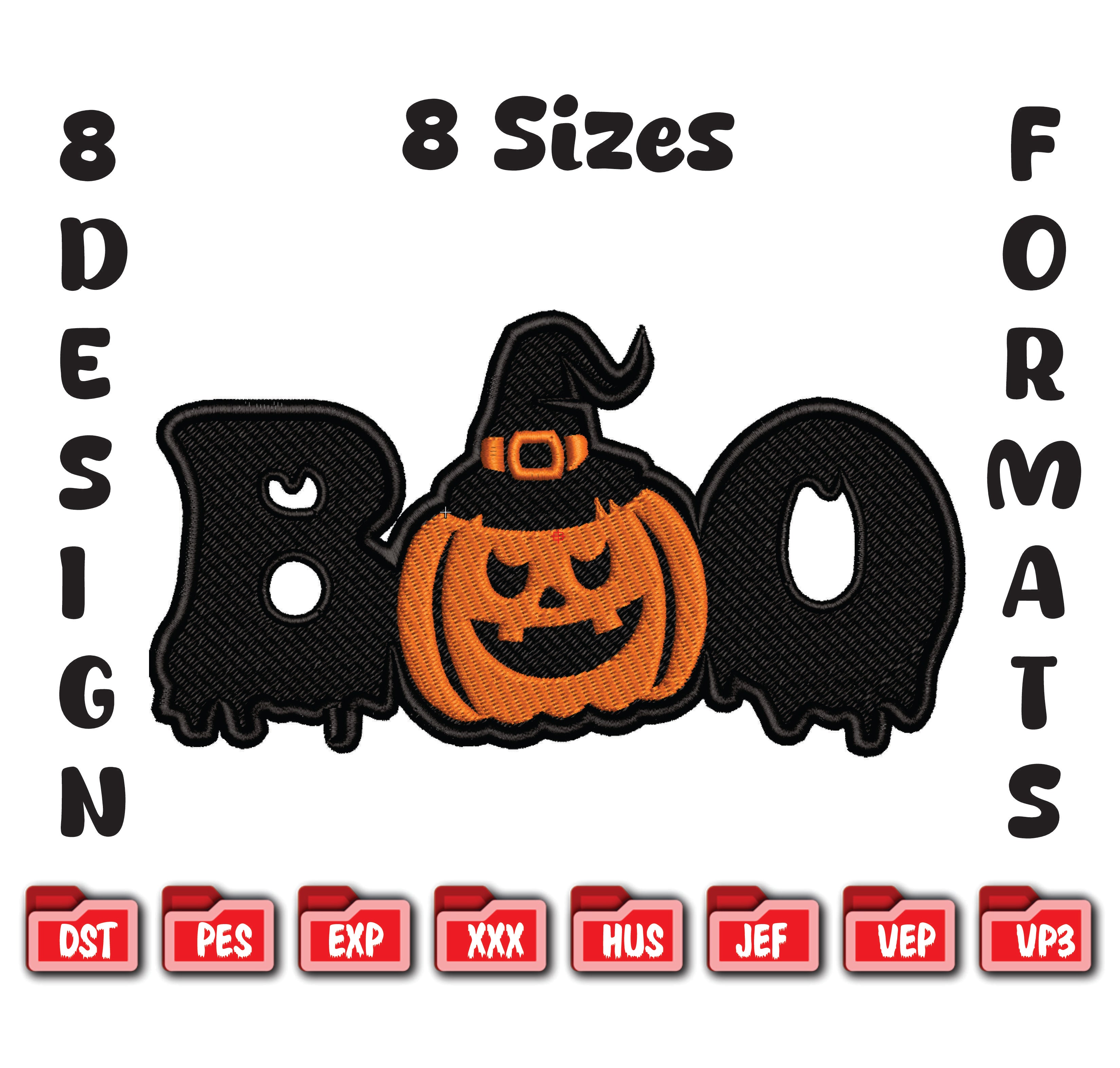 Spooky BOO Pumpkin Embroidery, Halloween Witch Hat Digital Design