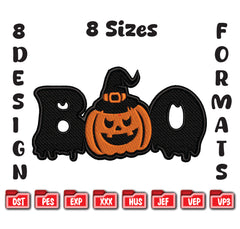 Spooky BOO Pumpkin Embroidery, Halloween Witch Hat Digital Design