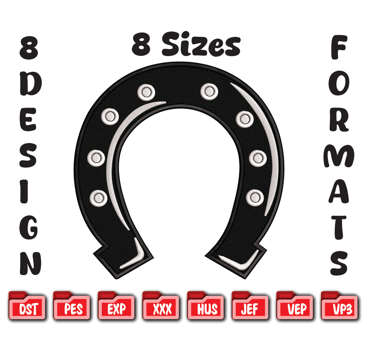 Horseshoe Embroidery Design, Lucky Horse Shoe Digital File, 8 Sizes 8 Formats