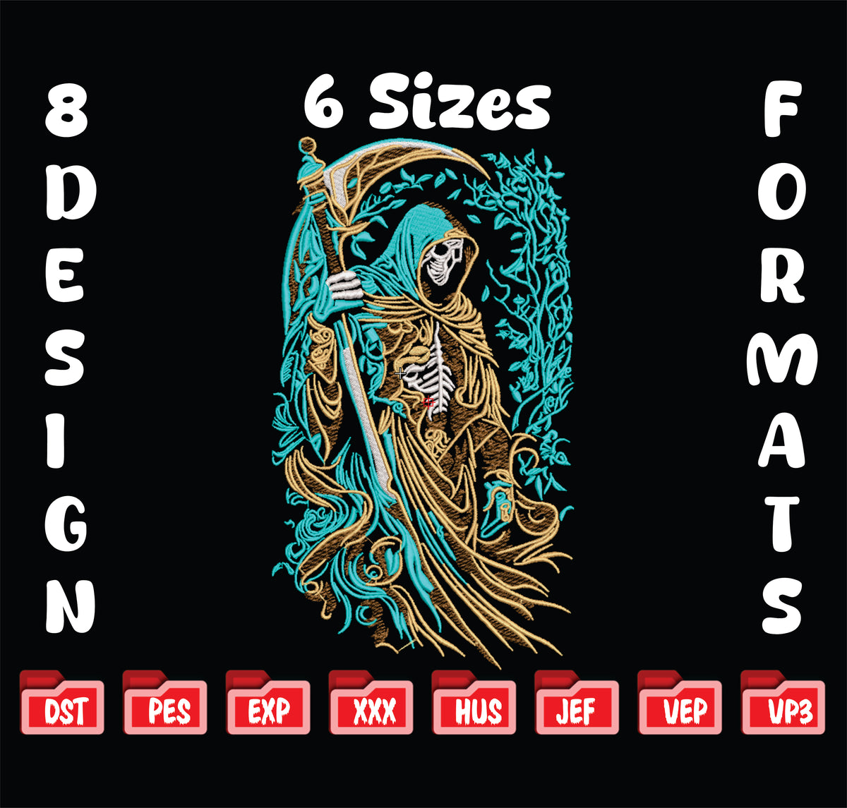 Grim Reaper Embroidery Design, Death with Scythe Machine Embroidery File, 6 Sizes Digital Download