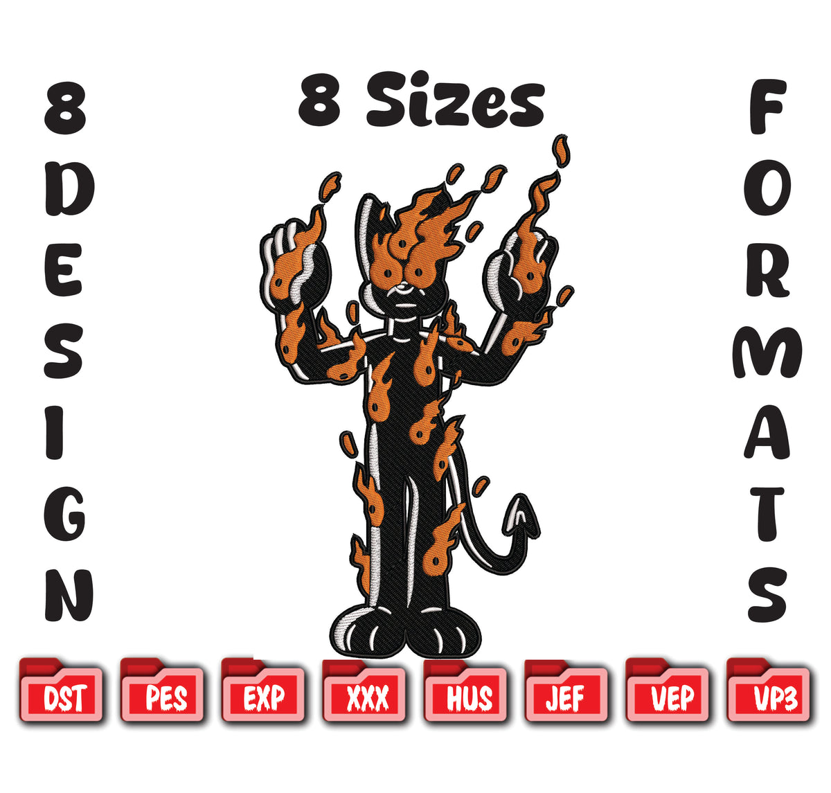 Flaming Demon Cat Cartoon Machine Embroidery Design
