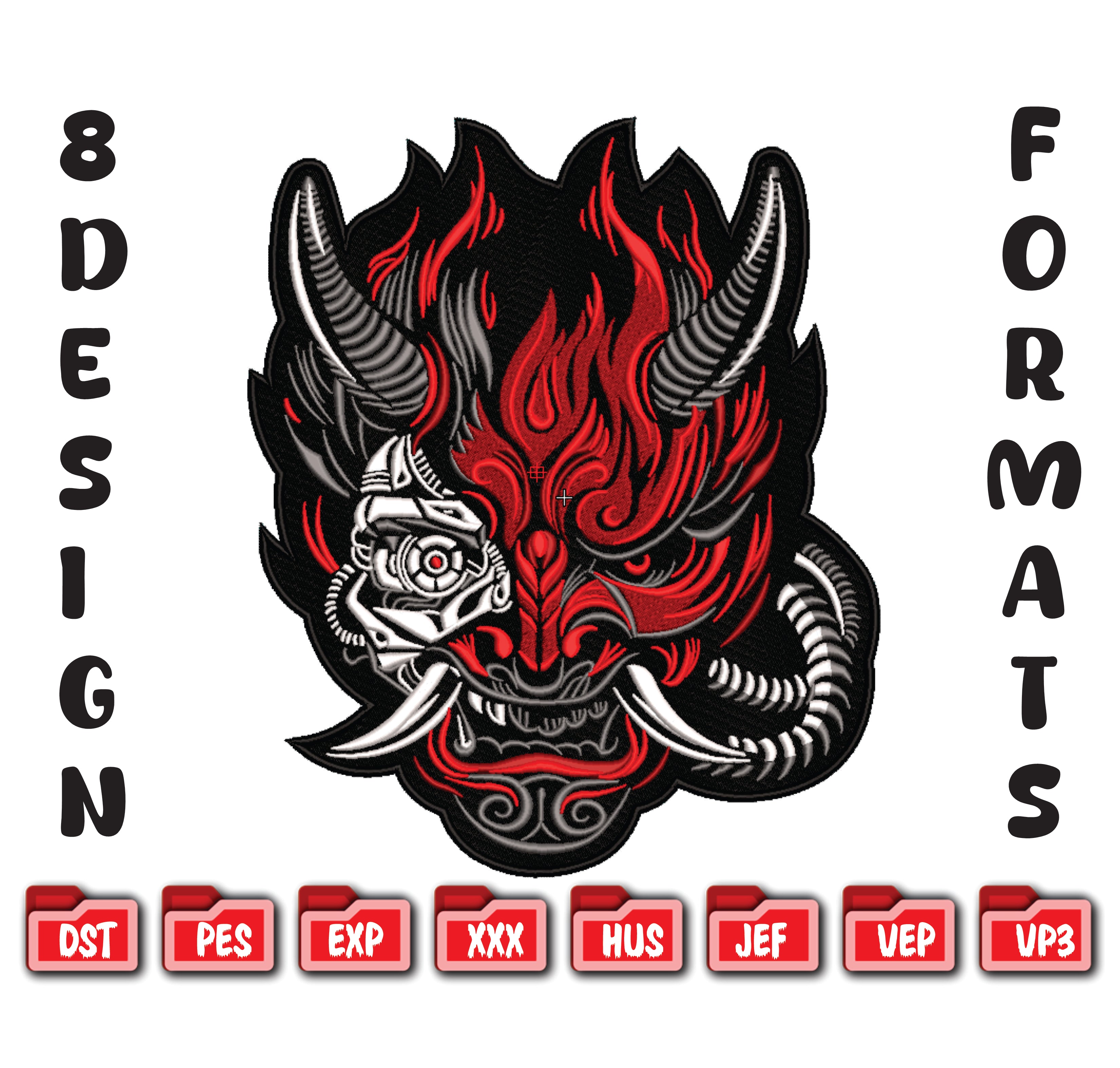 Cyberpunk Oni Mask Machine Embroidery Design, Japanese Demon Stitch File, 4 Sizes & 8 Formats