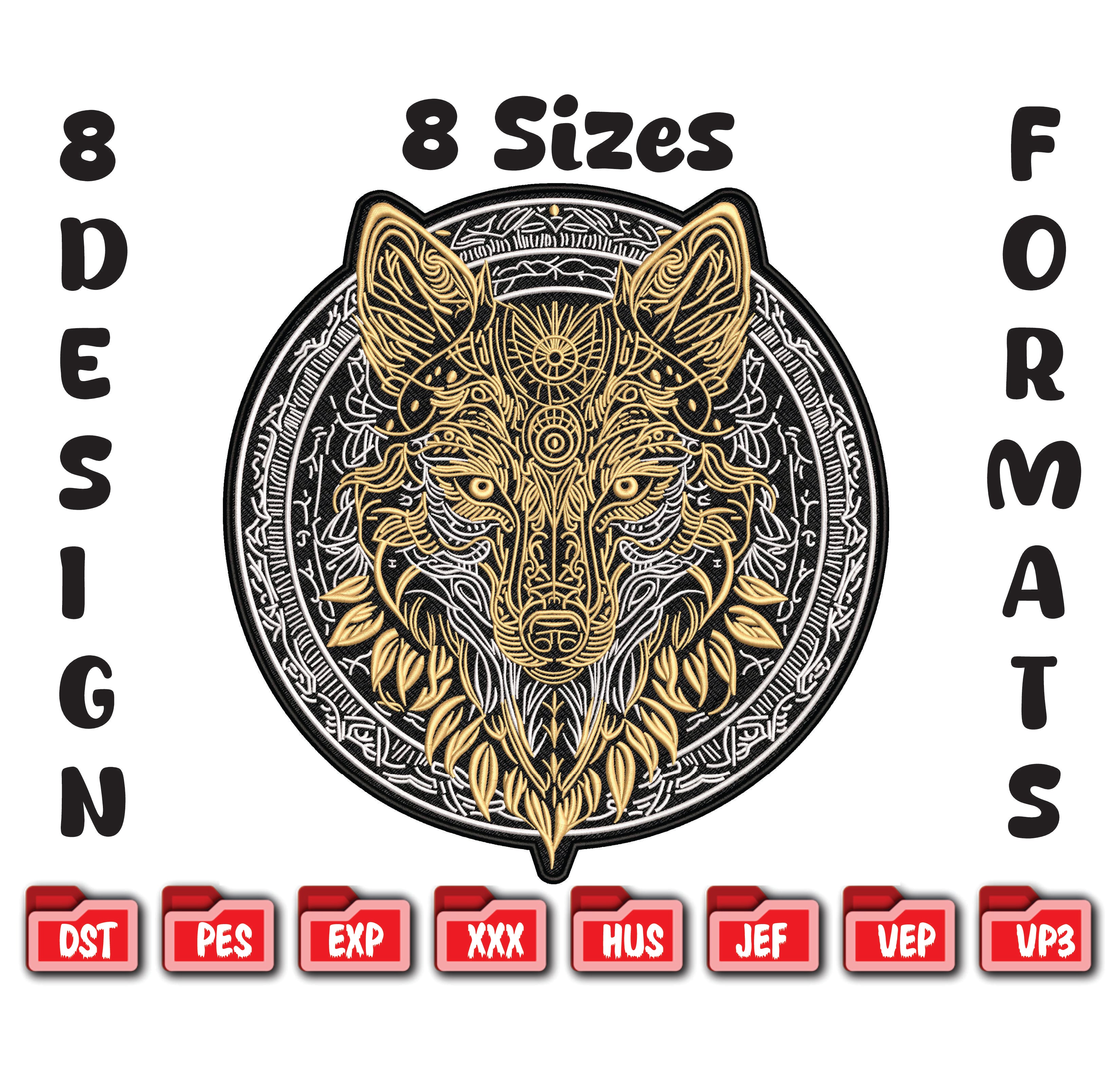 Large Wolf Embroidery Design – Gold & Black Biker Applique (Digital Download)