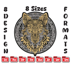 Large Wolf Embroidery Design – Gold & Black Biker Applique (Digital Download)