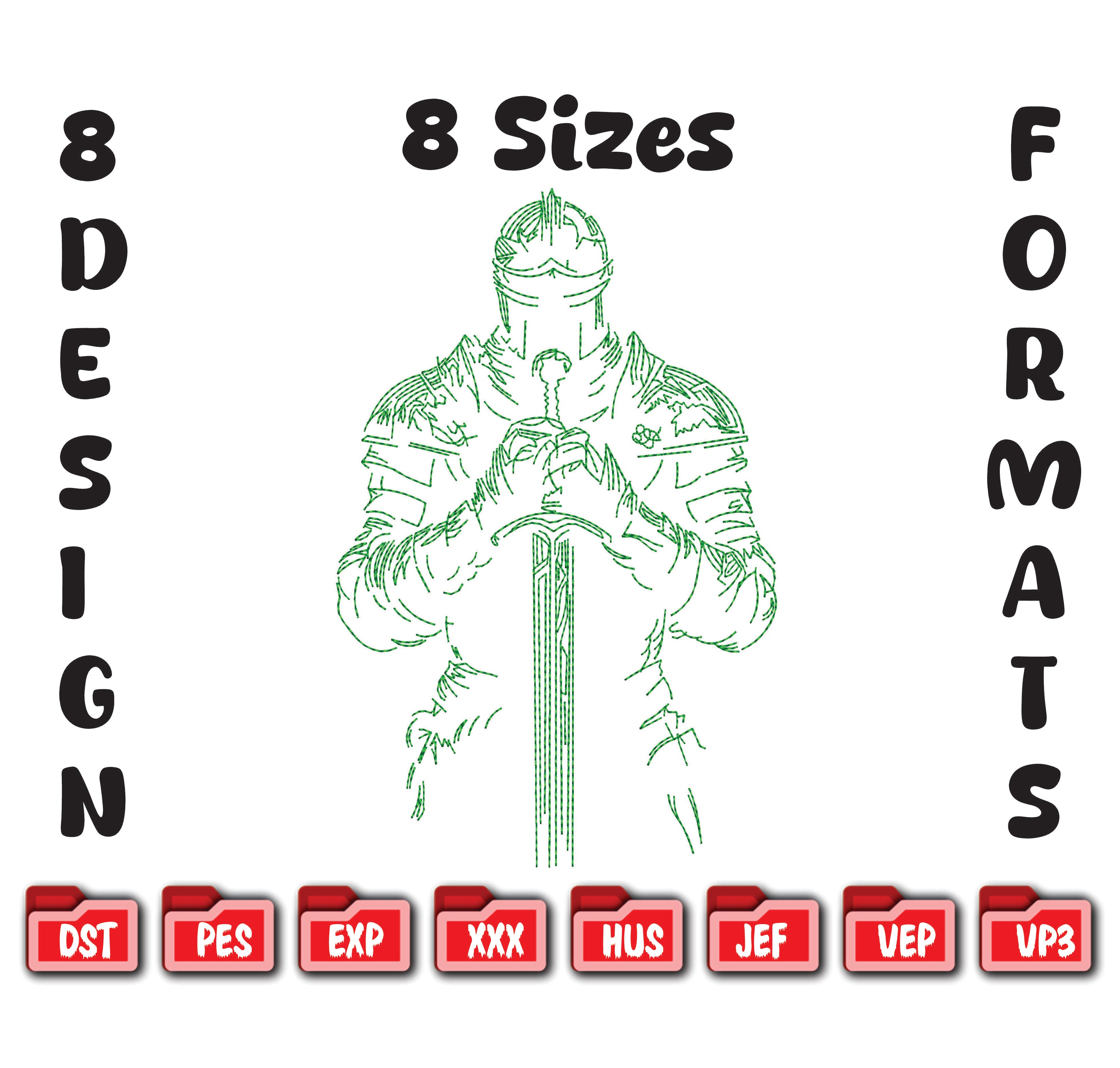 Majestic Knight Warrior Line Art Embroidery Design: Medieval Fighter Digital Pattern in All Formats.