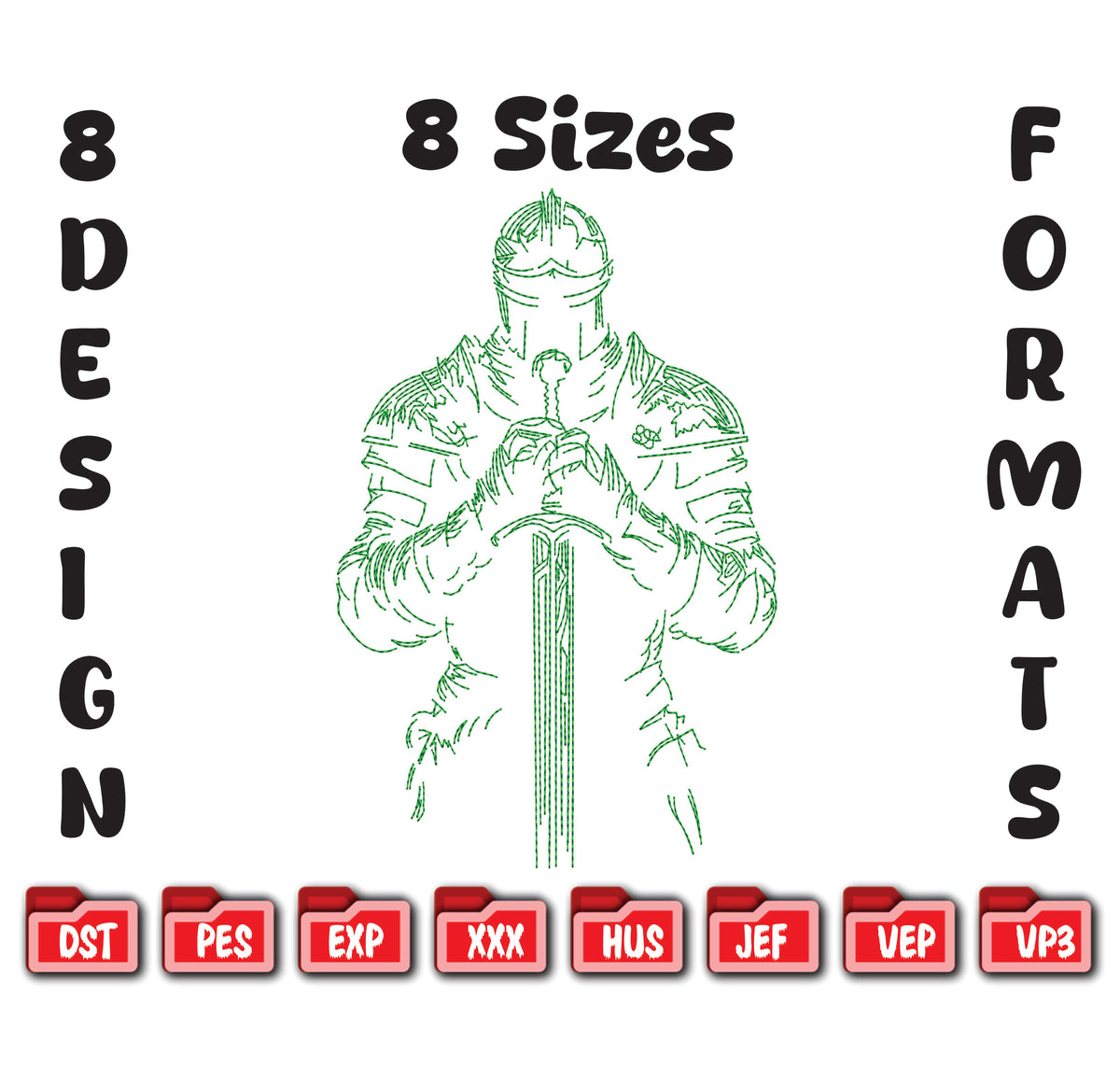 Majestic Knight Warrior Line Art Embroidery Design: Medieval Fighter Digital Pattern in All Formats.