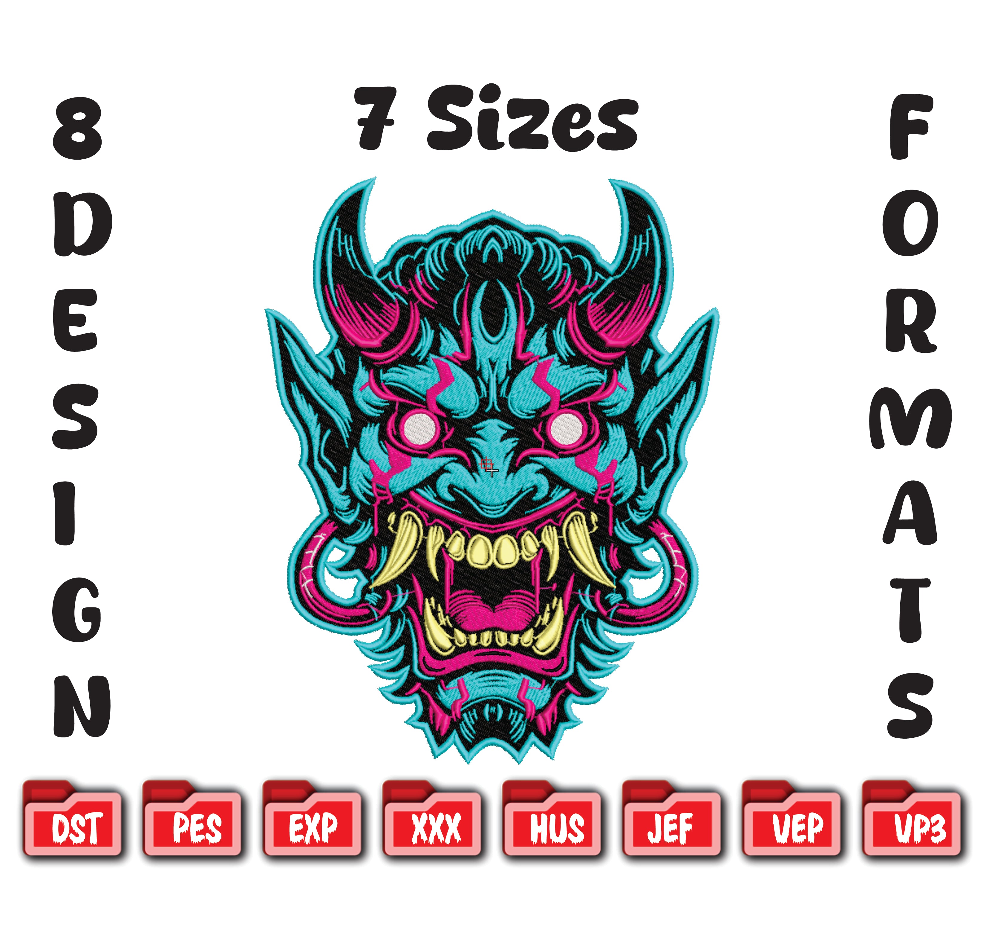 Neon Oni Mask Embroidery Design, Cyberpunk Hannya Digital File