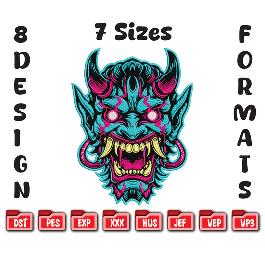 Neon Oni Mask Embroidery Design, Cyberpunk Hannya Digital File