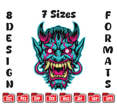 Neon Oni Mask Embroidery Design, Cyberpunk Hannya Digital File