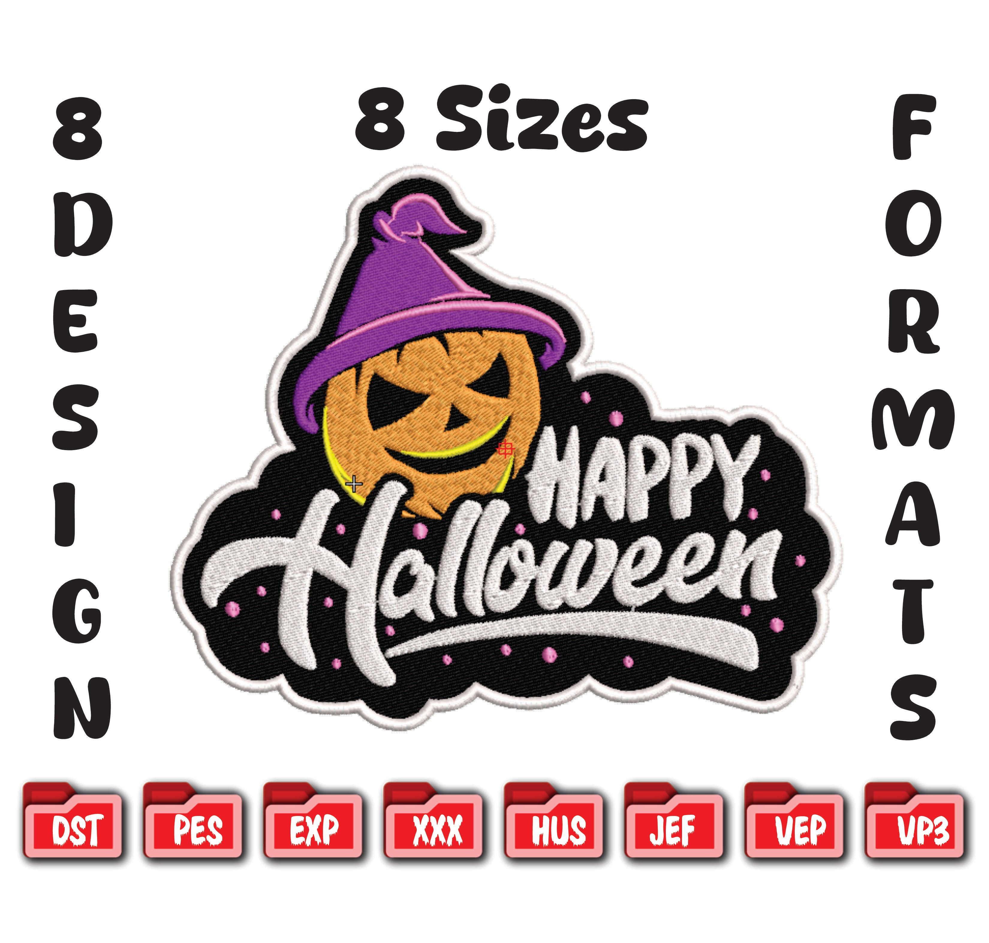 Happy Halloween Embroidery Design, Spooky Pumpkin Witch Hat Digital File