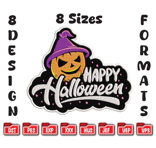 Happy Halloween Embroidery Design, Spooky Pumpkin Witch Hat Digital File