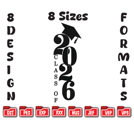 Class of 2026 Graduation Embroidery Design, Senior 2026 Machine Embroidery File