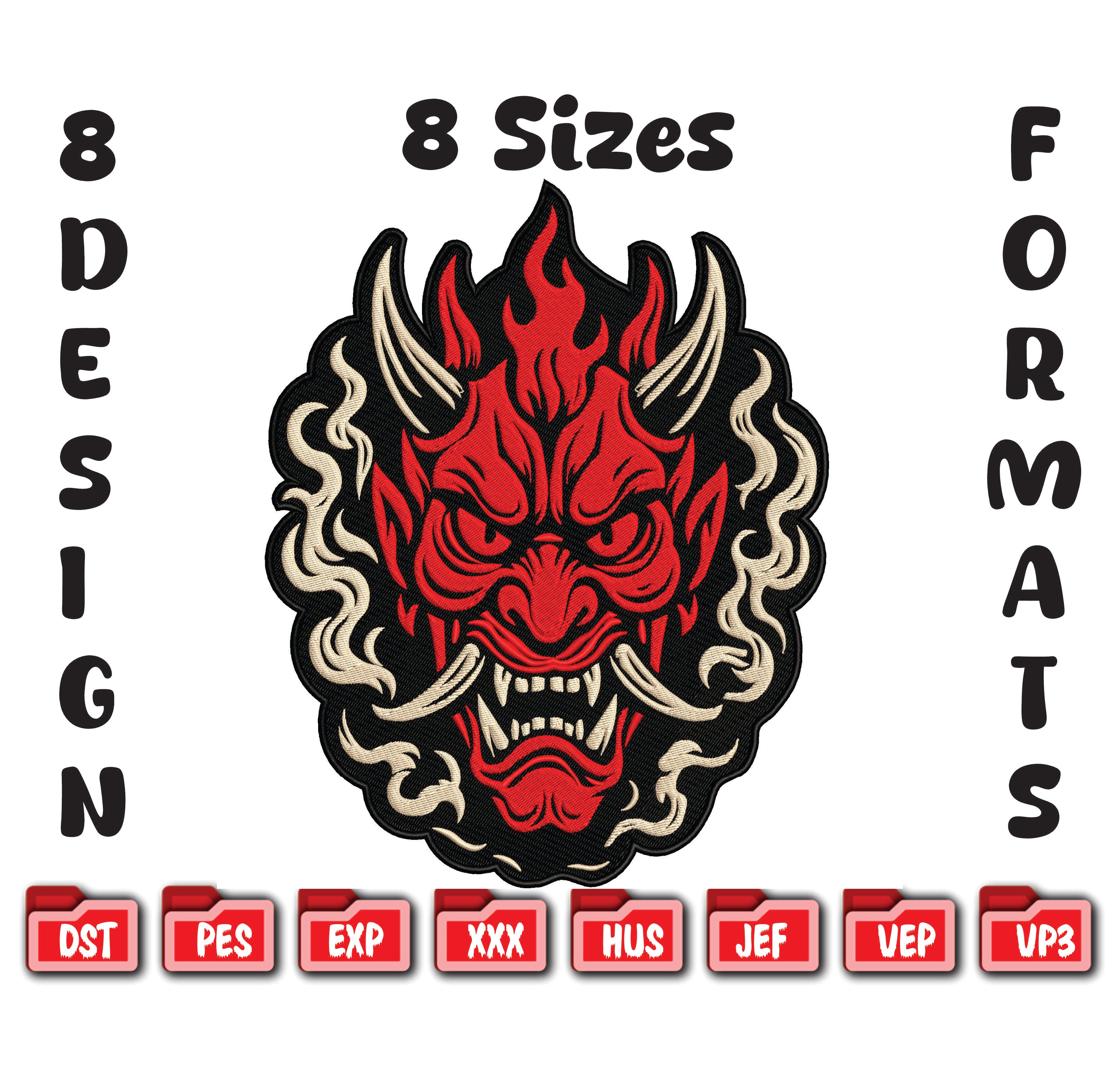 Hannya Mask Embroidery Design, Oni Demon Digital File, 8 Sizes