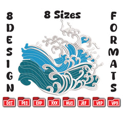 Japanese Wave Embroidery Design, Ocean Art (Digital File)