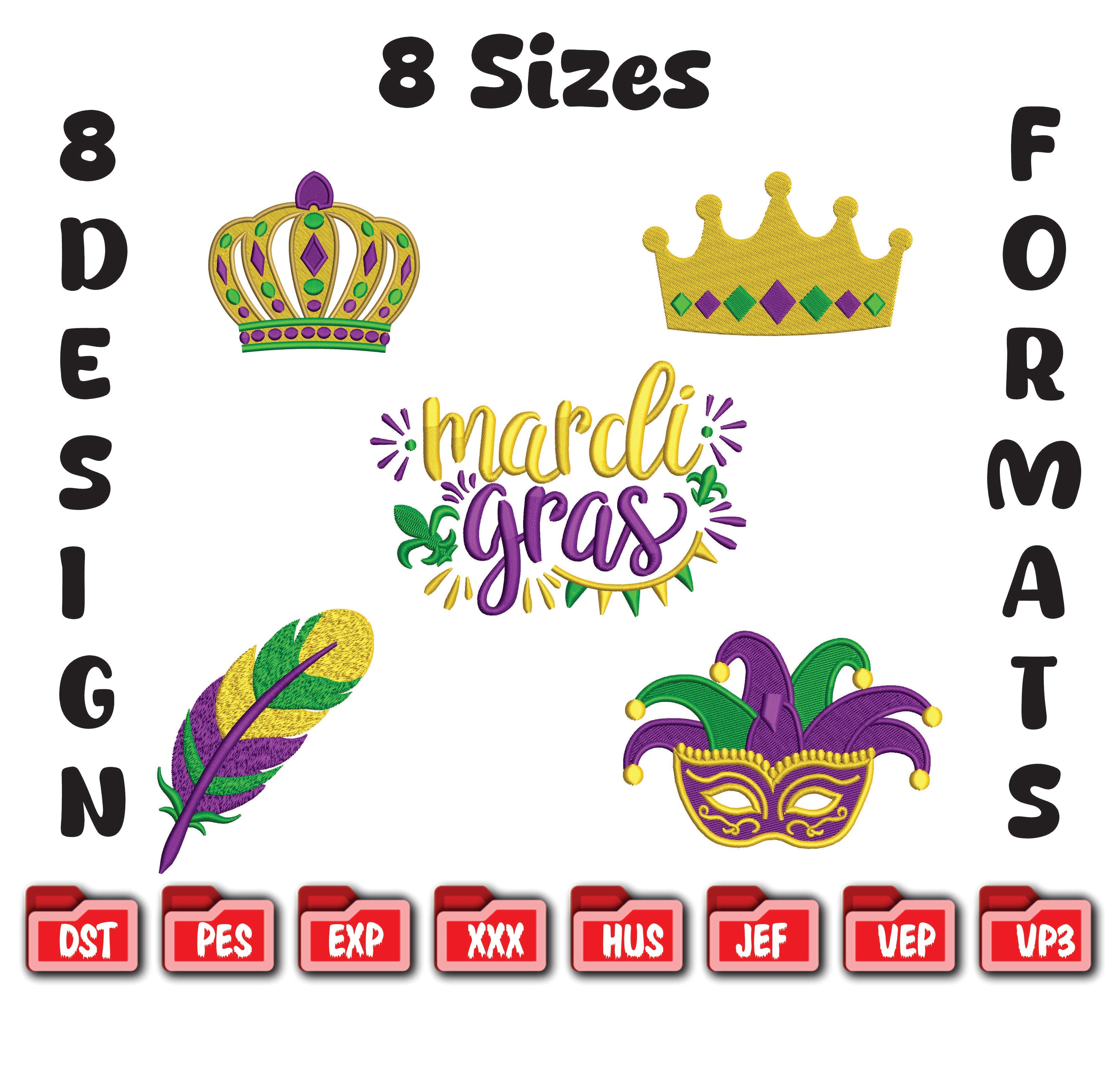 Mardi Gras Embroidery Bundle, Carnival Mask Crown Digital File, Festive Designs