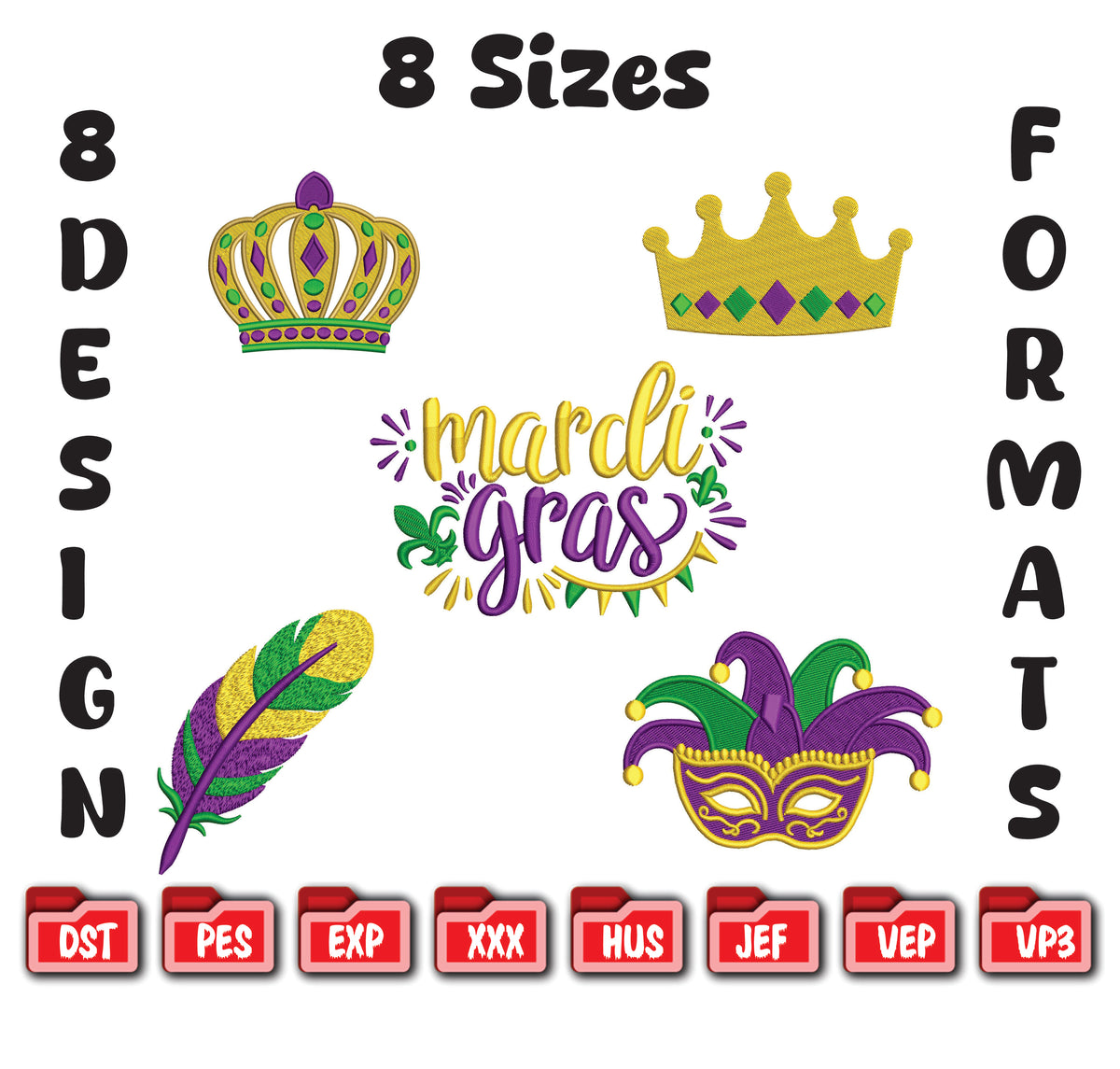 Mardi Gras Embroidery Bundle, Carnival Mask Crown Digital File, Festive Designs