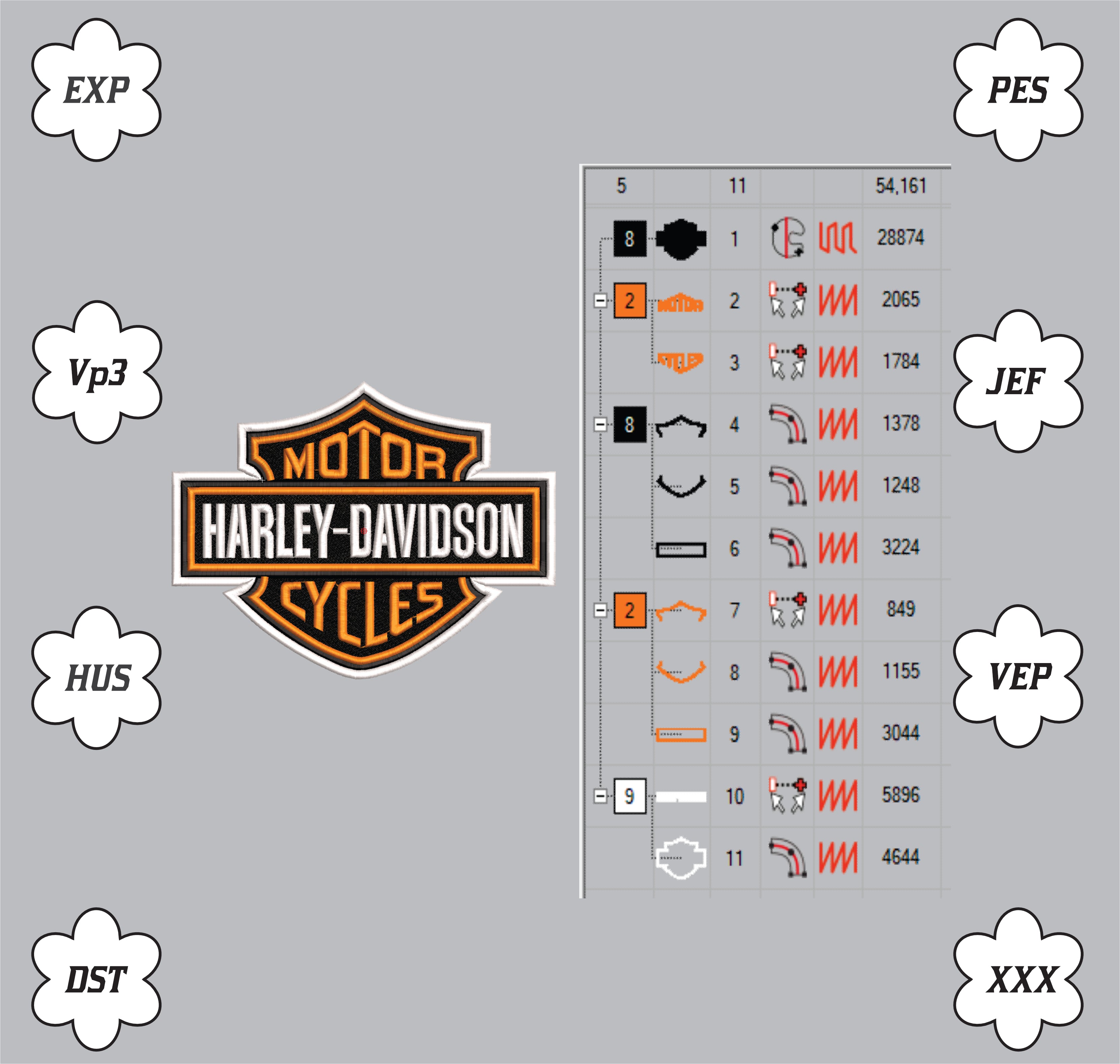 Harley Davidson Bar and Shield Logo Machine Embroidery Design, Classic American Motorcycle Embroidery File, 8 Sizes, 8 Formats