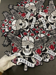 Large Skull Floral Iron-On Back Patch  | Gothic Rose Skull Applique for Jackets & Vests