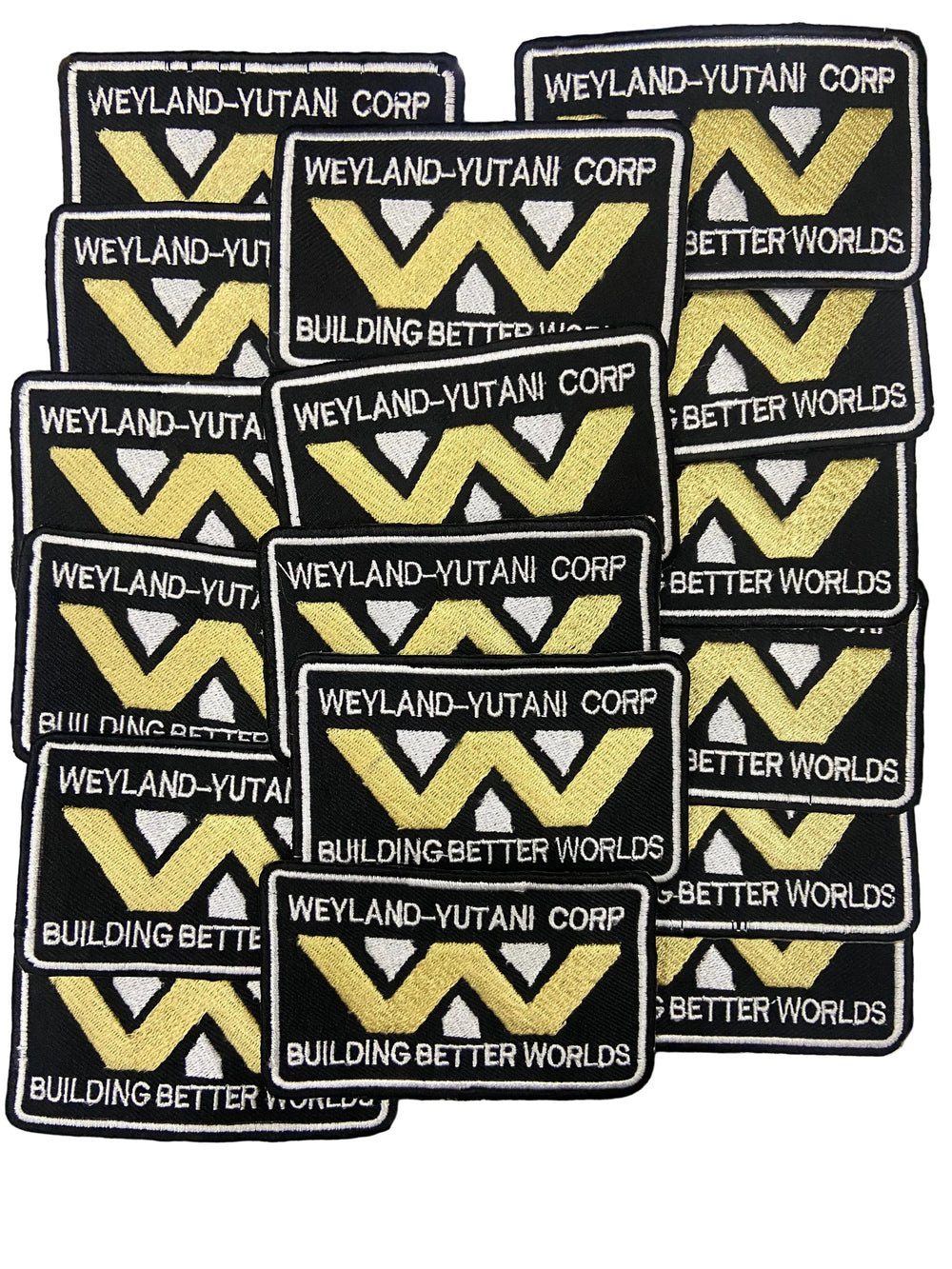 Multiple patches with Weyland-Yutani Corp logo and text on a textured background