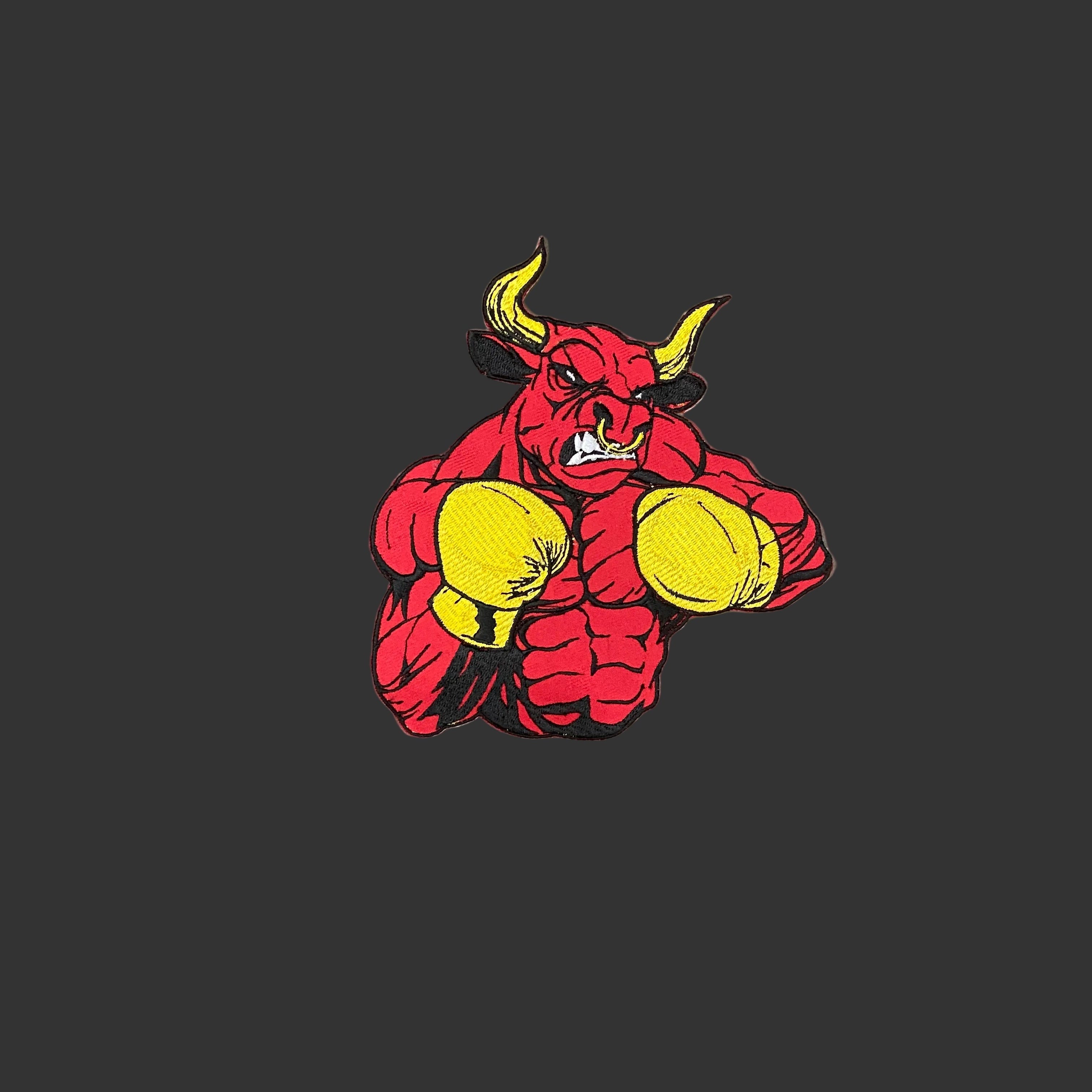 Boxing Bull Embroidery Patch: Red Bull with Yellow Gloves - Iron-On Applique