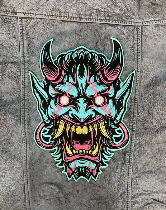 Oni Mask Embroidered Iron-On Patch | Japanese Demon Hannya Mask Tattoo Style | Yokai / Streetwear / Back Patch for Jacket | Cosplay Accesory