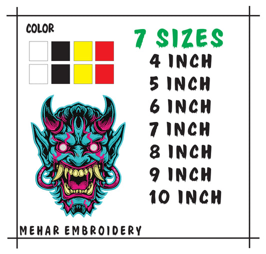 Neon Oni Mask Embroidery Design, Cyberpunk Hannya Digital File