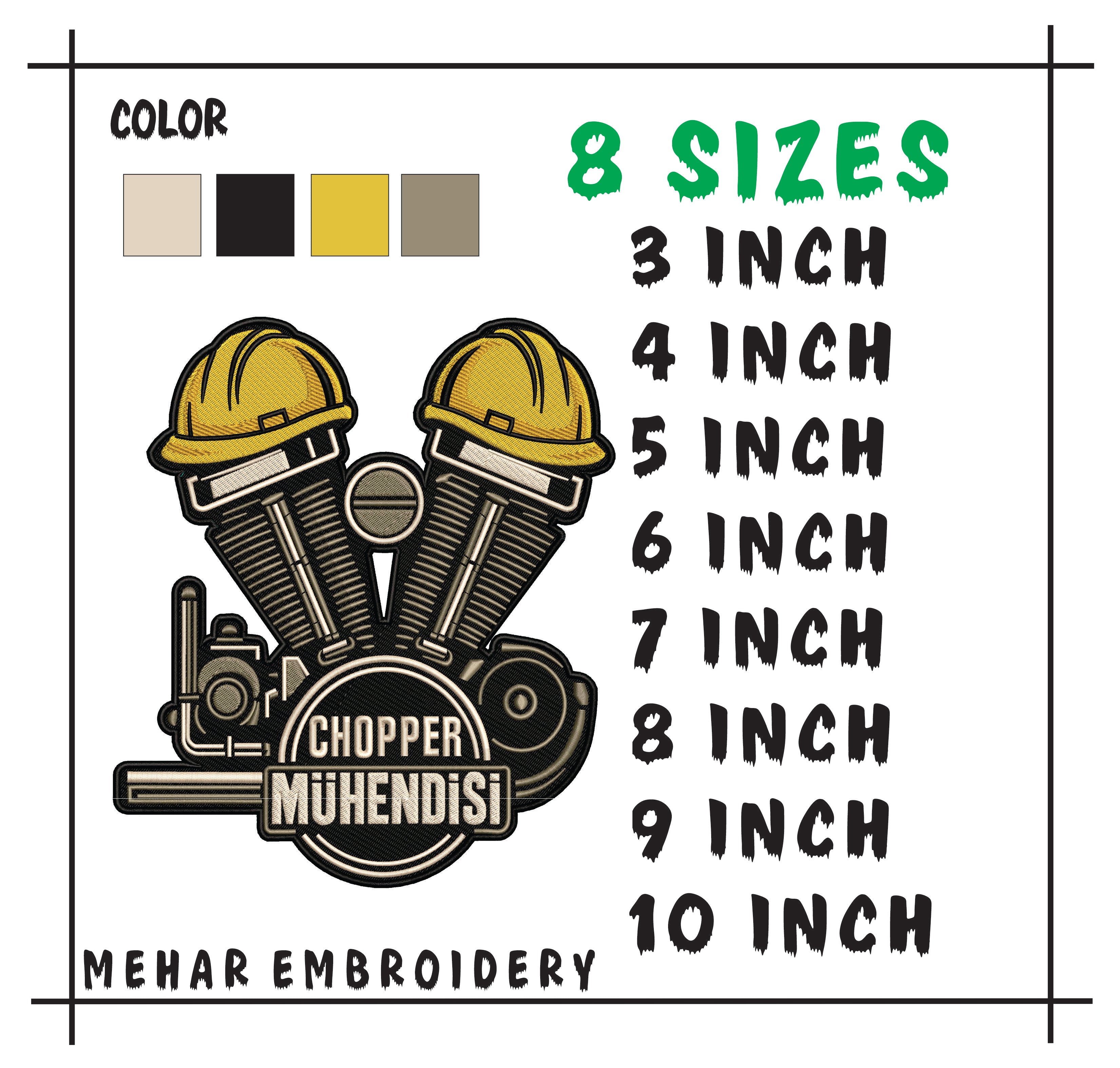 Chopper Engineer Embroidery Design, V-Twin Engine, 8 Sizes