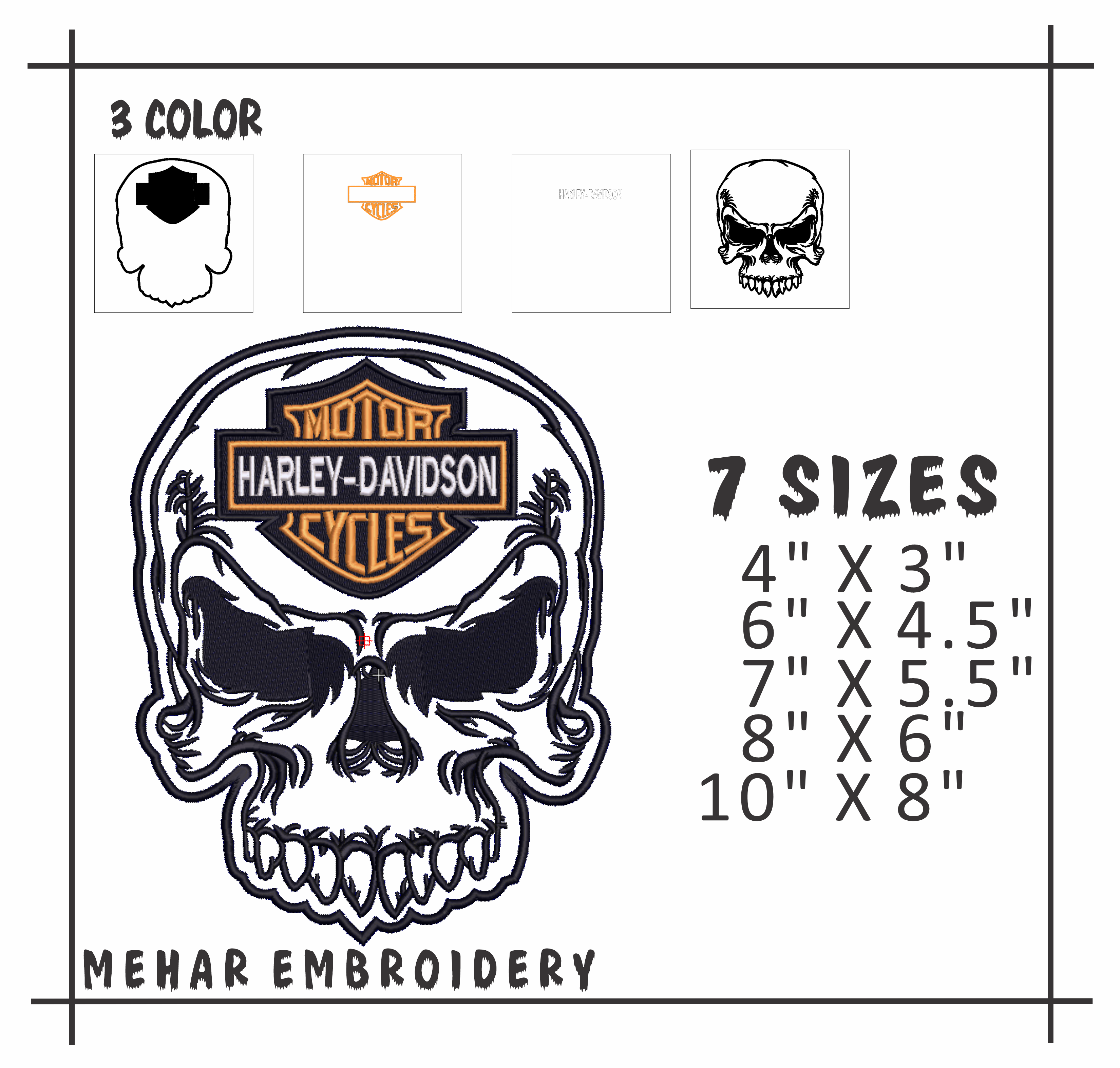 Harley Davidson Skull Machine Embroidery Design - 8 Sizes Included