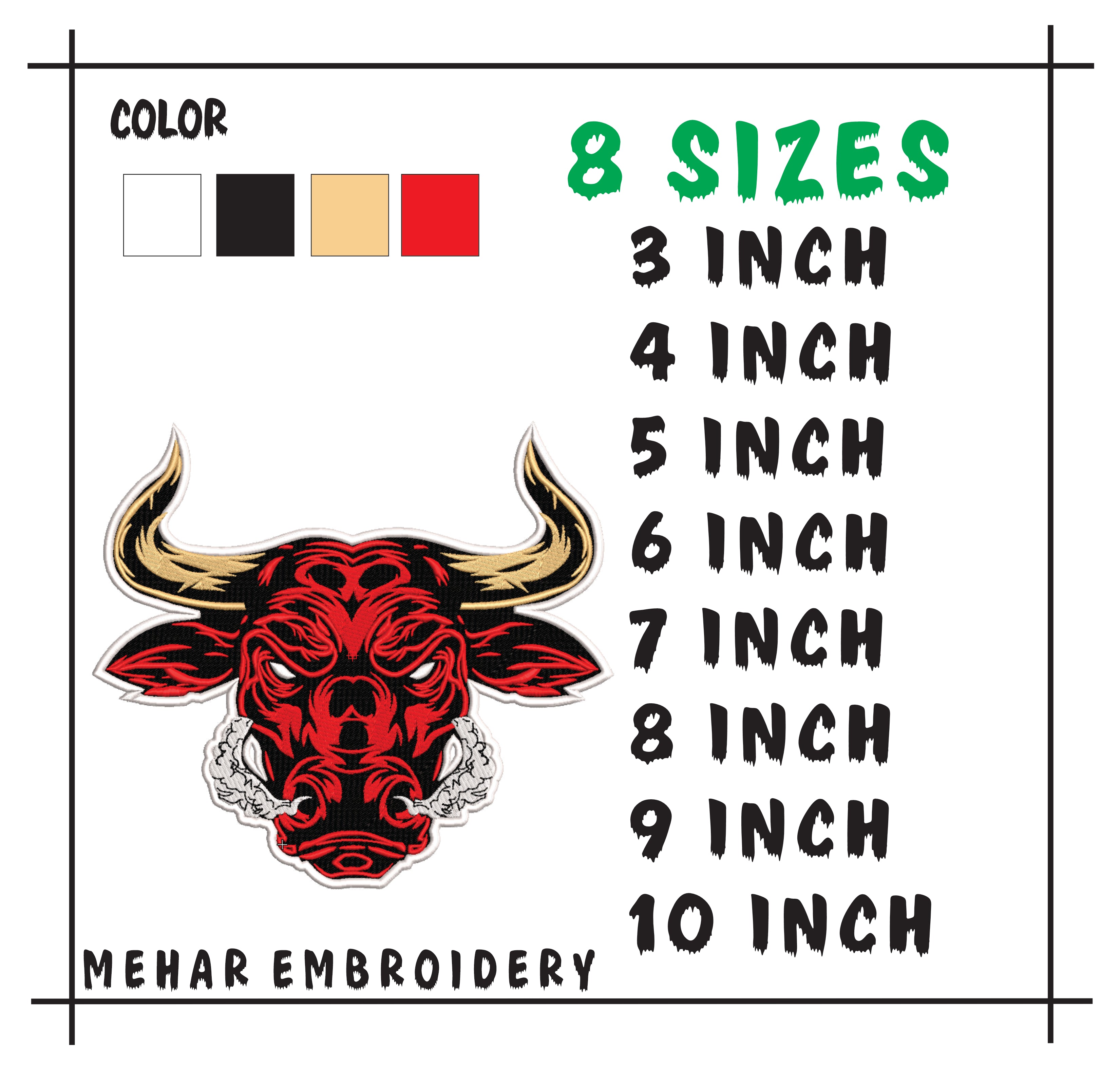 Red Bull Head Embroidery Design, Charging Bull Mascot Digital File