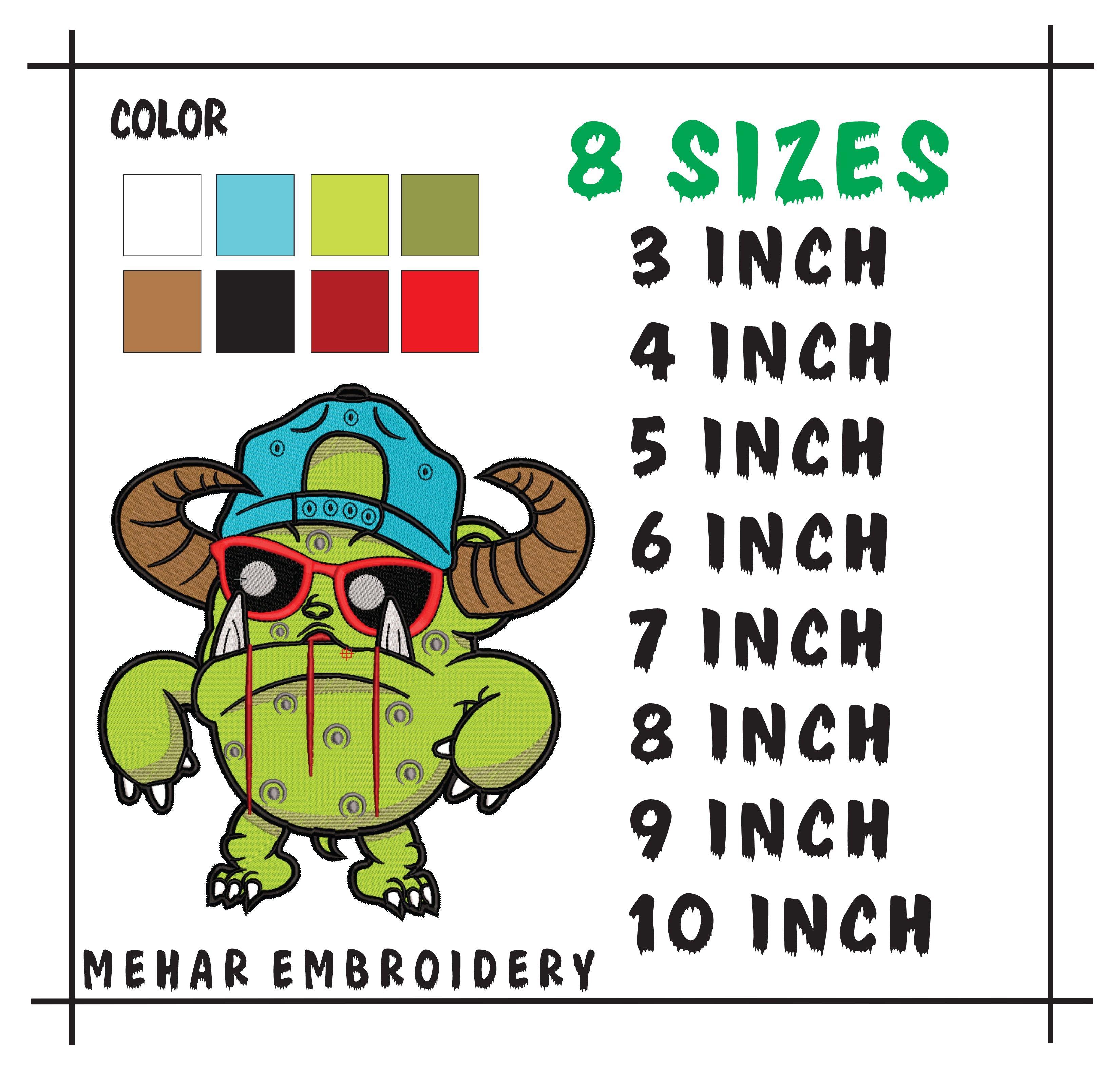 Horns Monster Embroidery Design, Cool Green Beast with Cap, 8 Formats 8 Sizes