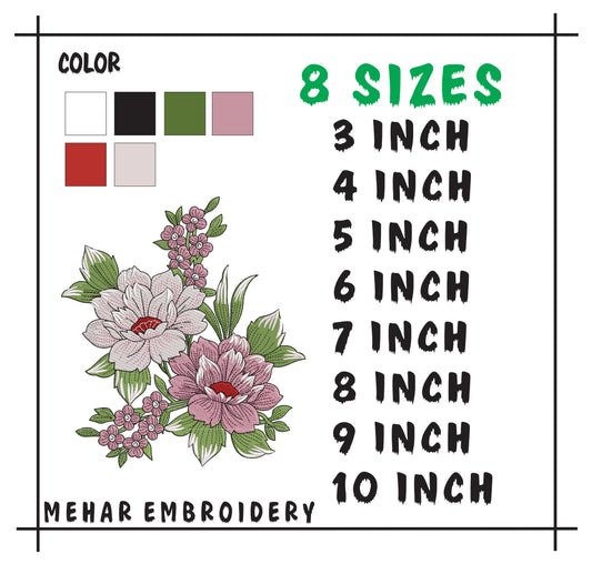 Peony Floral Bouquet Machine Embroidery Design, 8 Sizes (Digital Download)