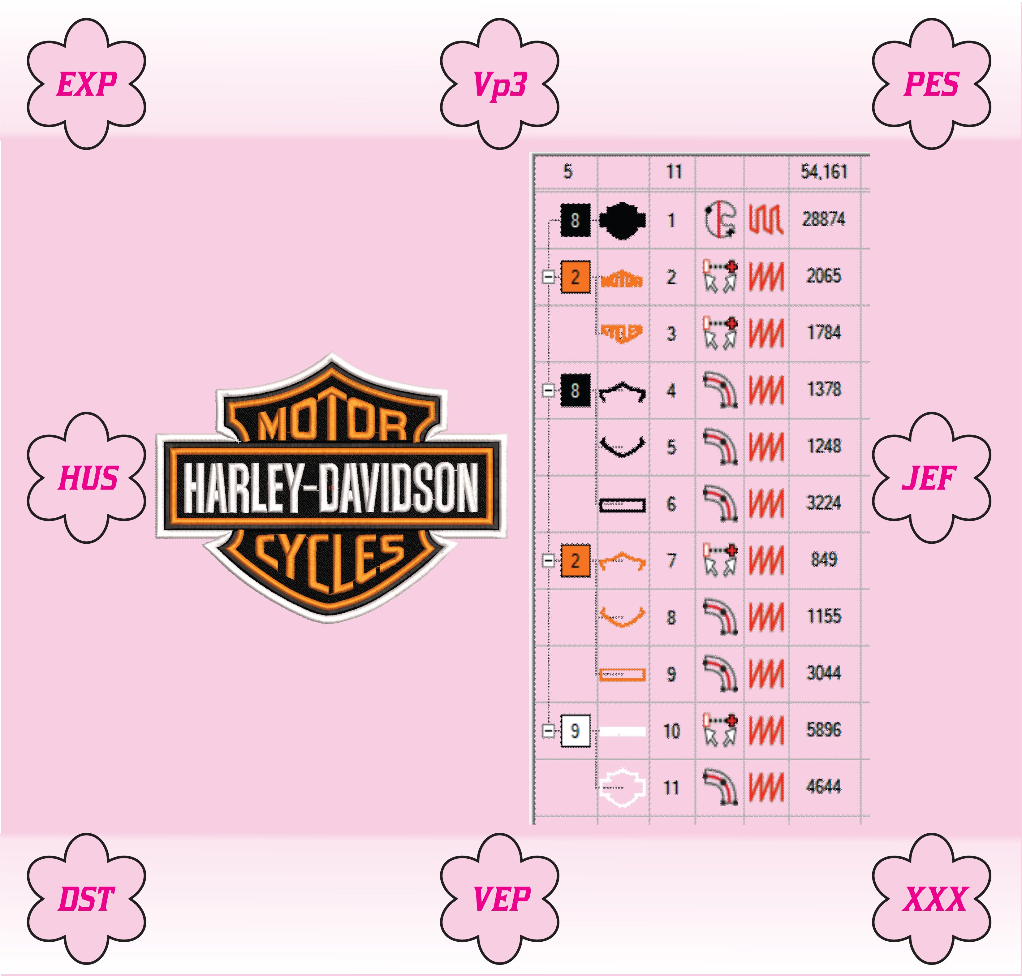 Harley Davidson Bar and Shield Logo Machine Embroidery Design, Classic American Motorcycle Embroidery File, 8 Sizes, 8 Formats