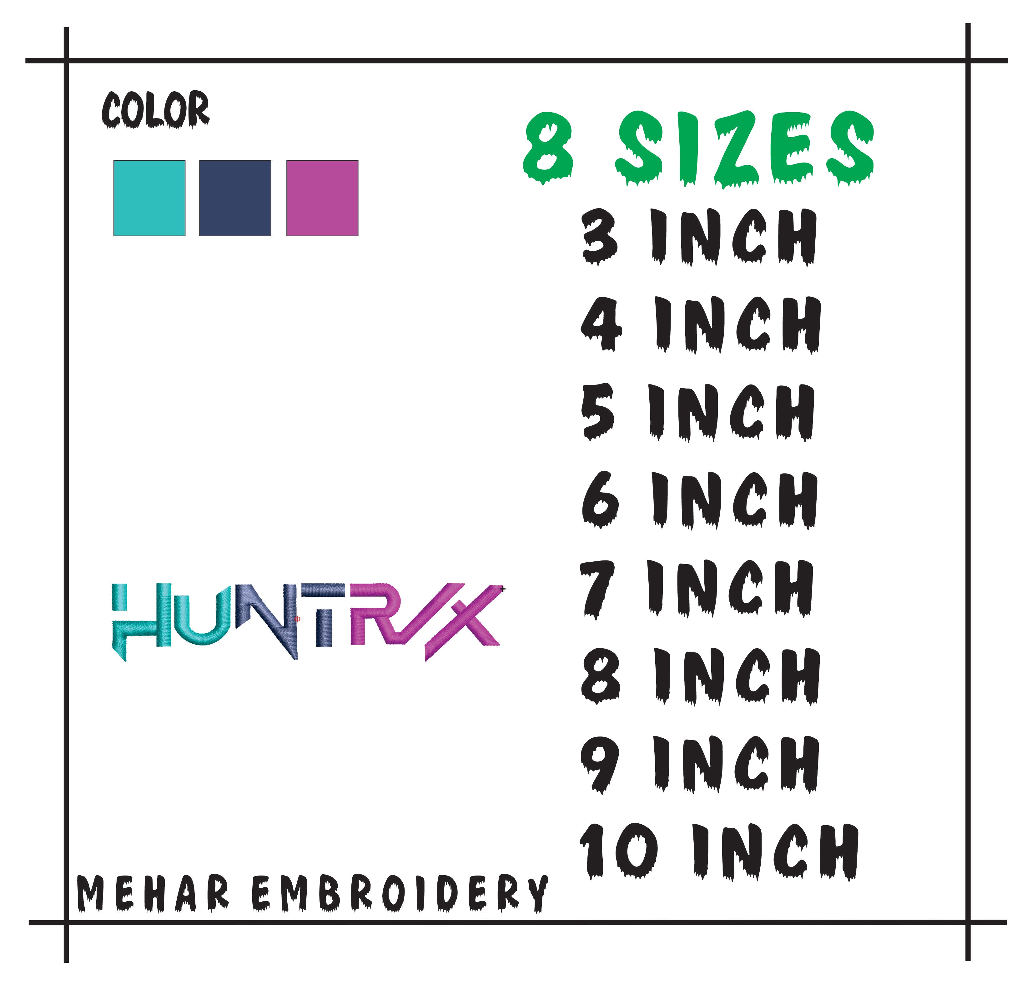 Huntrx Embroidery Design, Modern Gradient Text Art, 8 Formats 8 Sizes