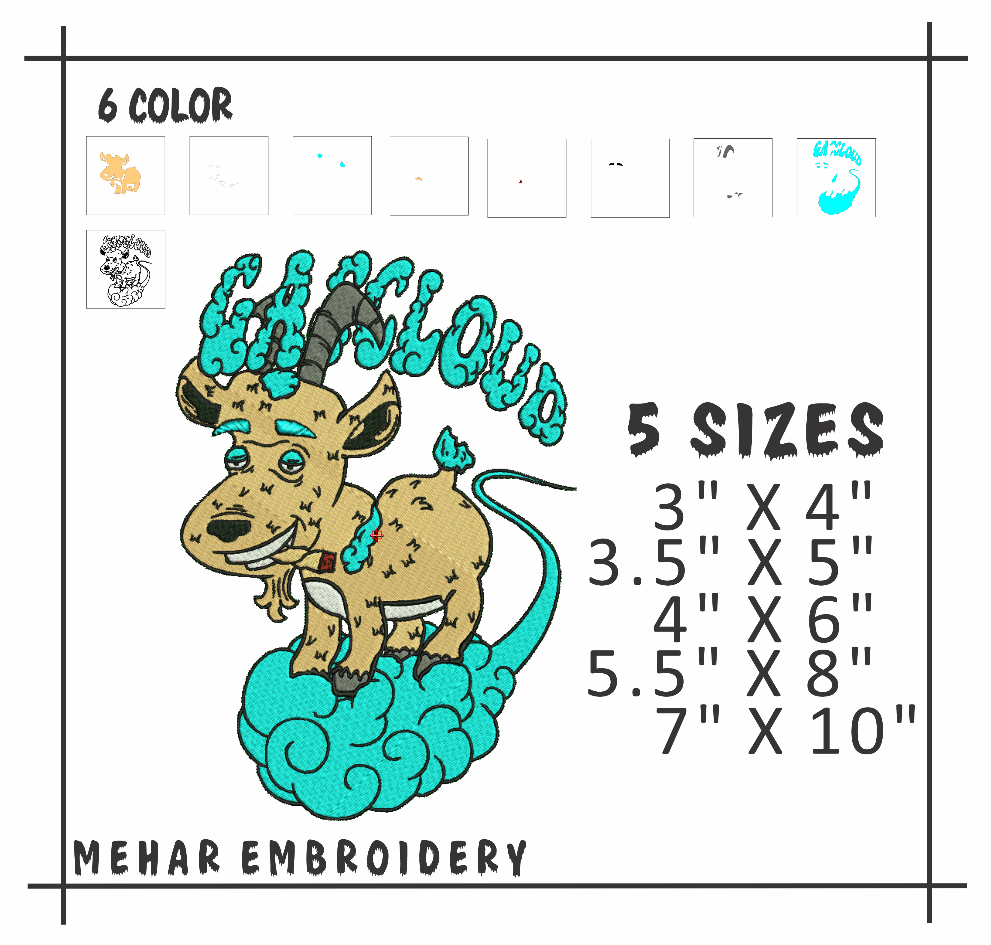Goat on Cloud Embroidery Design, Cartoon Animal Machine File