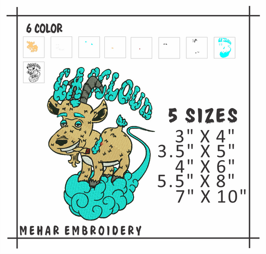 Goat on Cloud Embroidery Design, Cartoon Animal Machine File