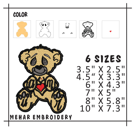 Sad Heart Bear Machine Embroidery Design, 8 Sizes & 8 Formats