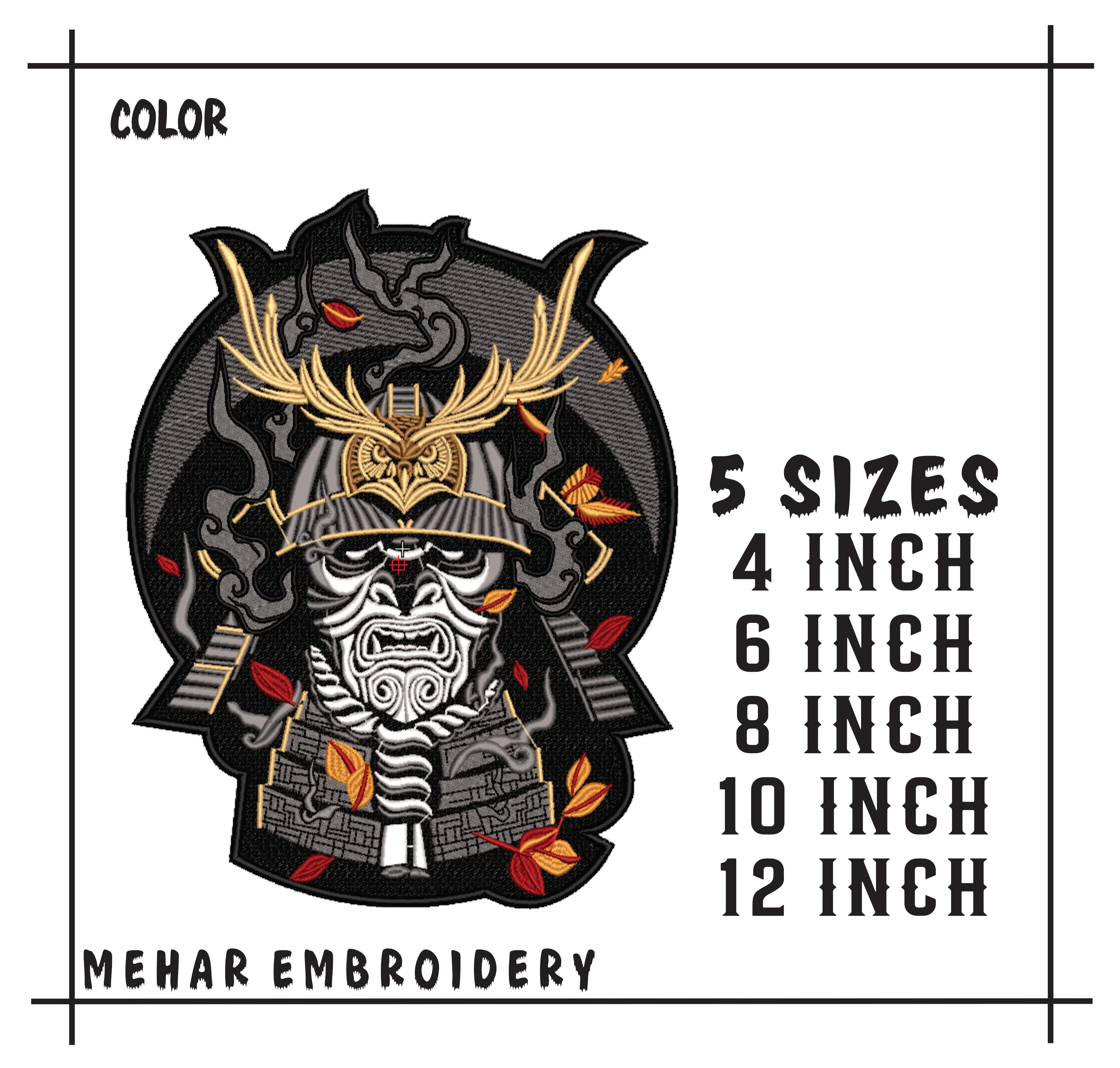 Samurai Warrior Mask Machine Embroidery Design, Japanese Oni Demon Bushido Embroidery File, 8 Sizes, 8 Formats