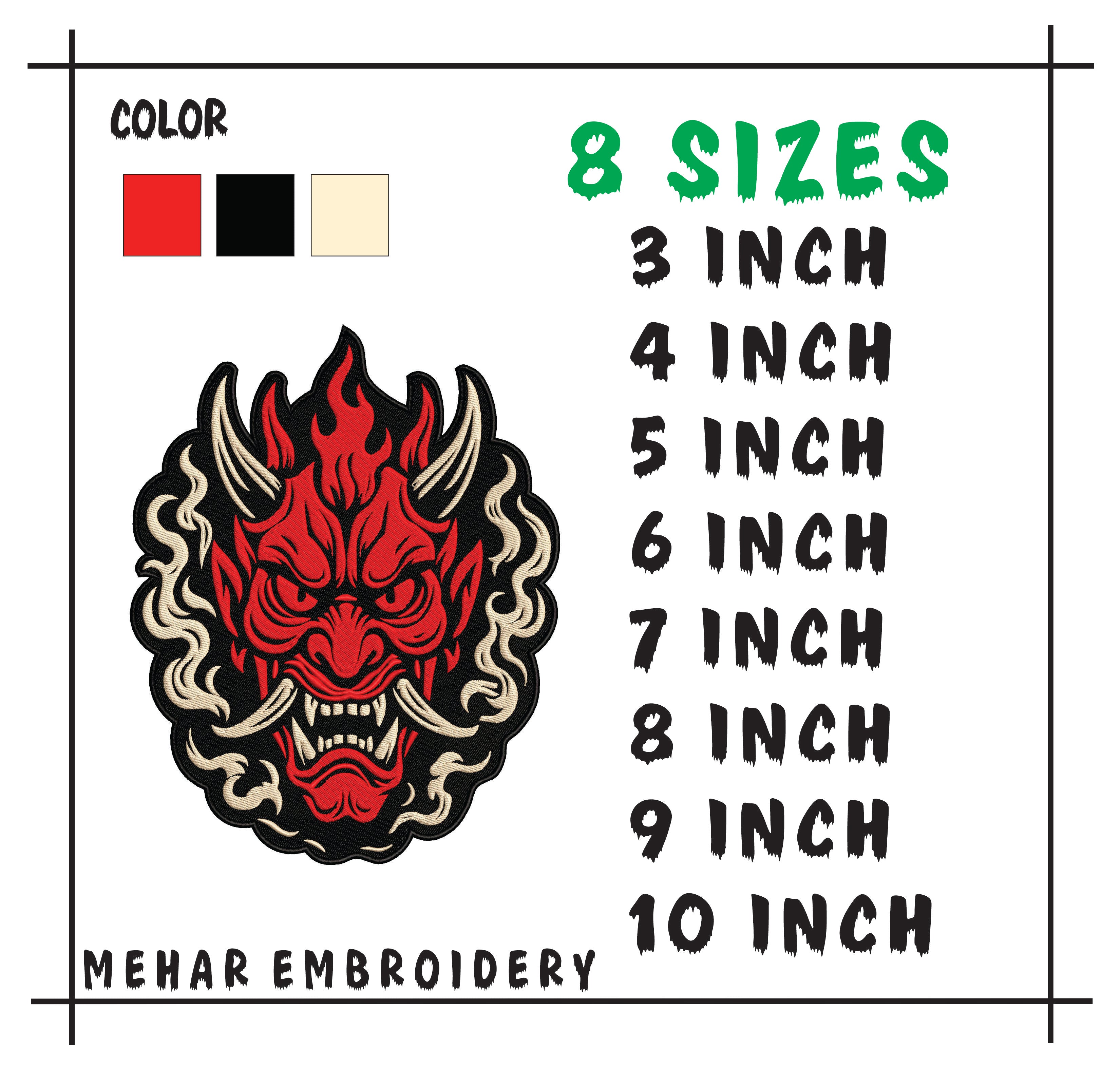 Hannya Mask Embroidery Design, Oni Demon Digital File, 8 Sizes