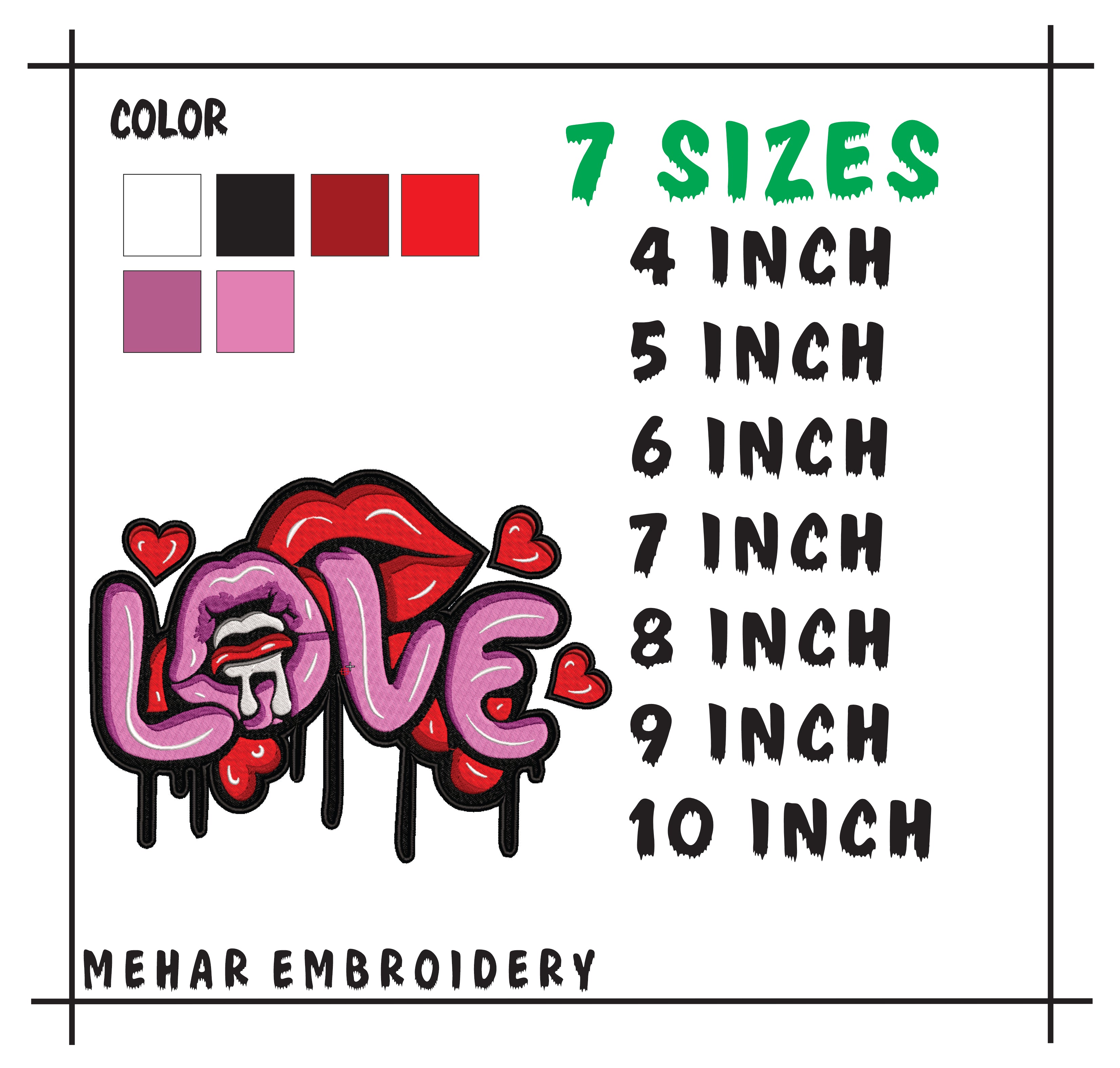 Love Graffiti Embroidery Design, Lips and Hearts Drip Art, 8 Formats 7 Sizes