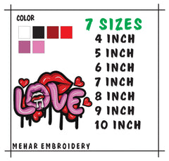 Love Graffiti Embroidery Design, Lips and Hearts Drip Art, 8 Formats 7 Sizes