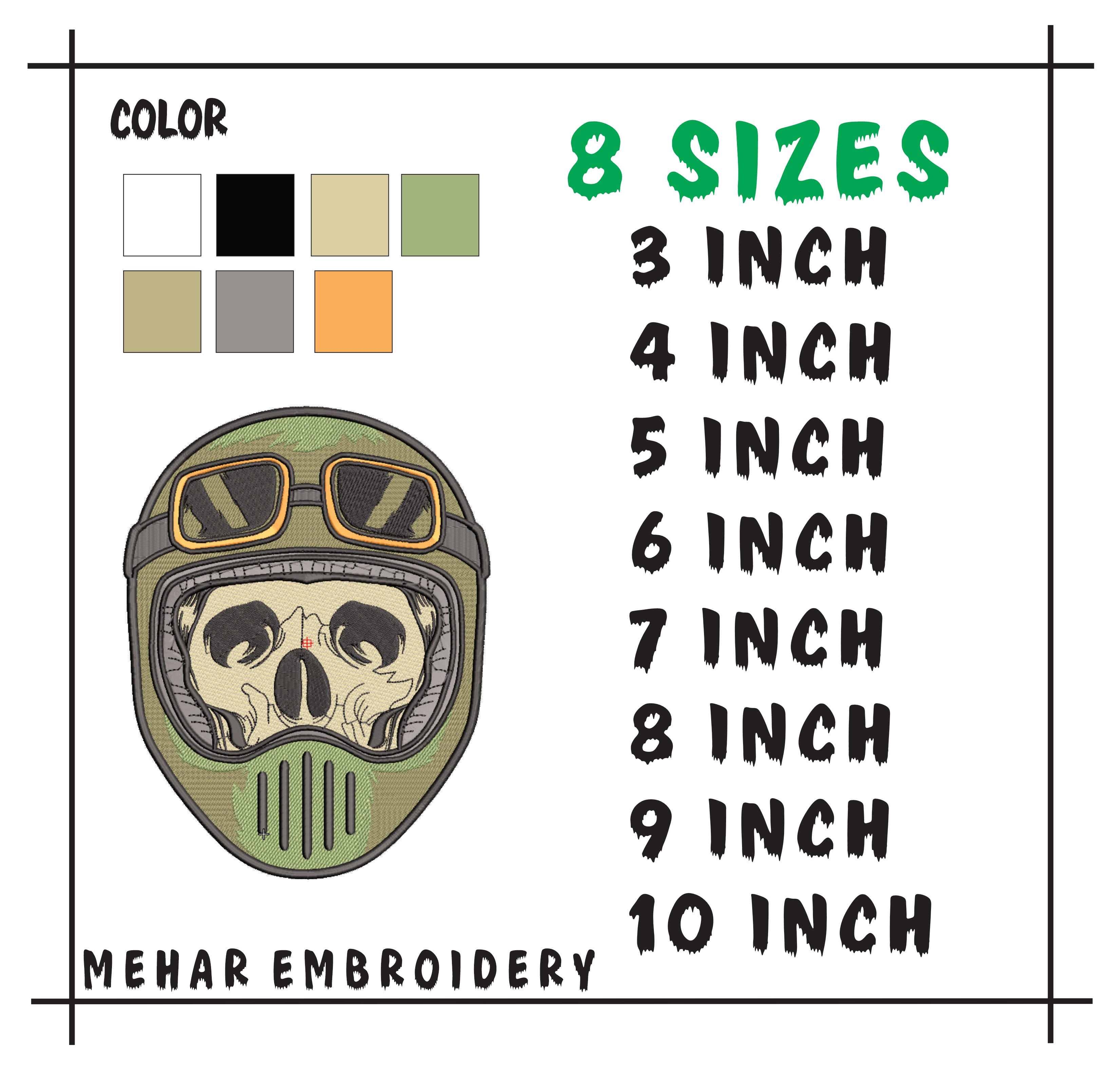 Biker Skull Helmet Embroidery, Tactical Skeleton Rider, 8 Formats 8 Sizes