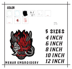 Cyberpunk Oni Mask Machine Embroidery Design, Japanese Demon Stitch File, 4 Sizes & 8 Formats