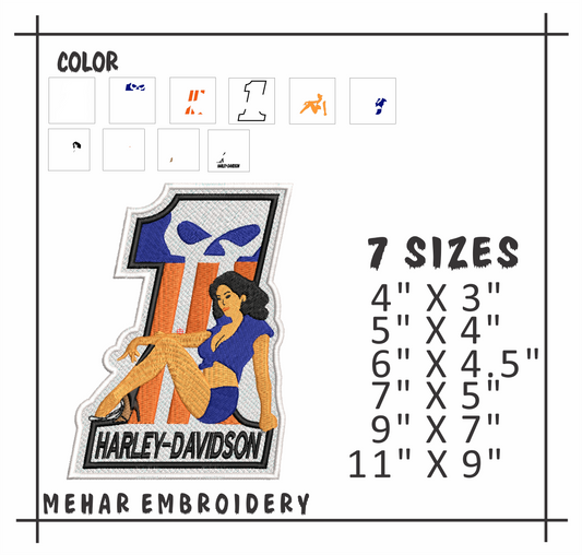 Harley Davidson Pin Up Girl Skull Machine Embroidery Design - 8 Sizes & Multiple Formats